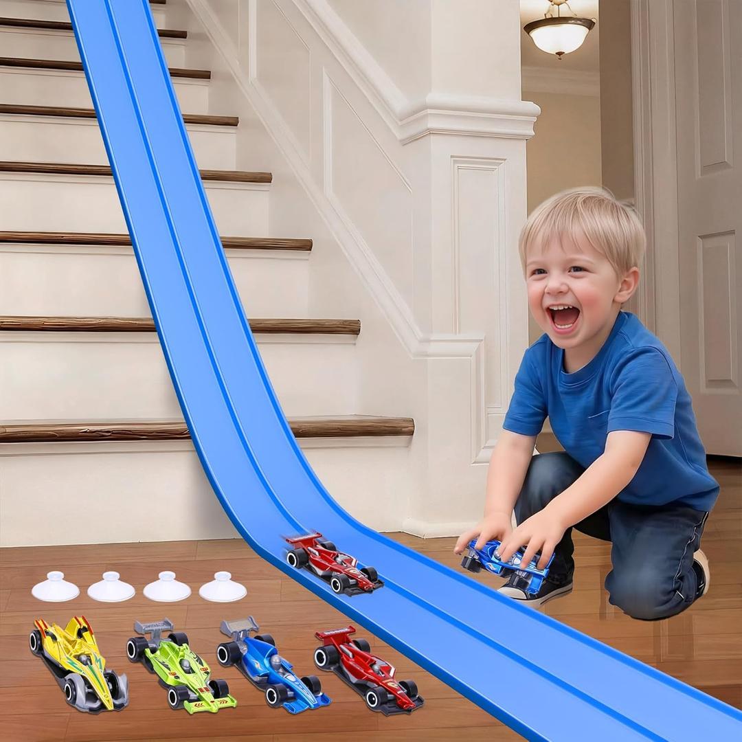 15 Ft Flexible Race Car Track for Kids, Double-Sided Racetrack with Suction Cups, Race Car Ramp Track & Compatible 1:64 Diecast Cars,Portable Roll Up Track Toy,Gift for Boys Girls Ages 3-5 5-7 (Blue)