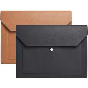 PU Leather A4 File Folder Document Holder 2 Pockets Portfolio Envelope Folder Case with Elastic String 3/4 Inch Expansion (Black&Brown)
