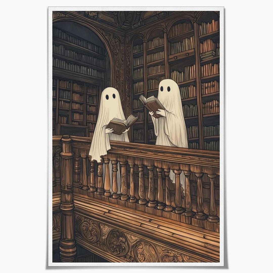 vintage halloween wall art Two cute ghosts in a library Canvas print romantic dark academia moody cottagecore horror posters for Halloween Party House Room Decor 12x18inch Unframed