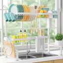 Sakugi Over The Sink Dish Drying Rack - Adjustable 2 Tier Large Capacity Stainless Steel Drainer with Cutlery & Utensil Holders, Kitchen Storage & Organization, 30"-33.9" L x 11" W x 21.5" H, White