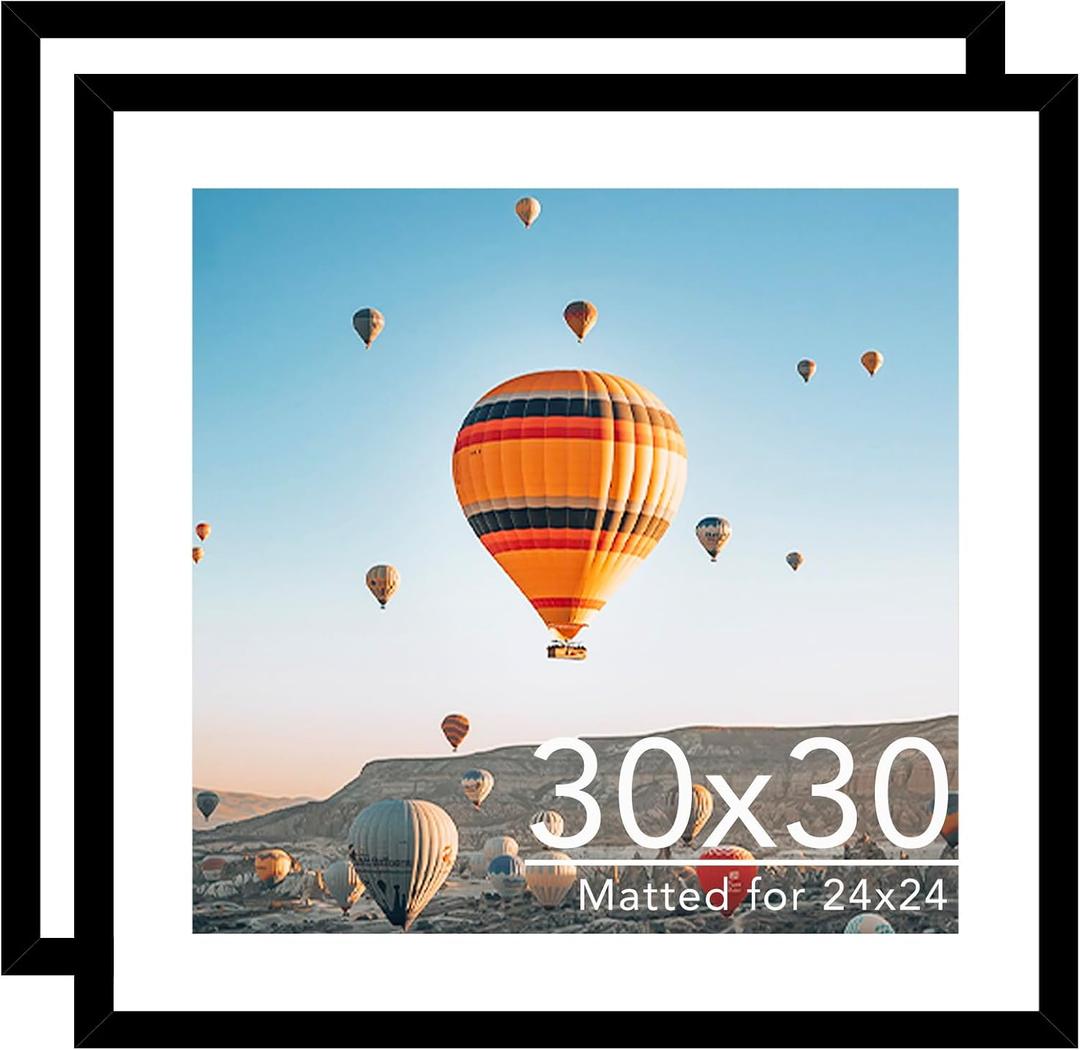 JCJMY 30x30 Picture Frame Set of 2 with 24x24 Mat, Display Photo 24x24 with Mat or 30 x 30 Without Mat, Wall Hanging Large 30x30 Poster Frame with Shatter Resistant Plexiglass, 2 Pack, Black