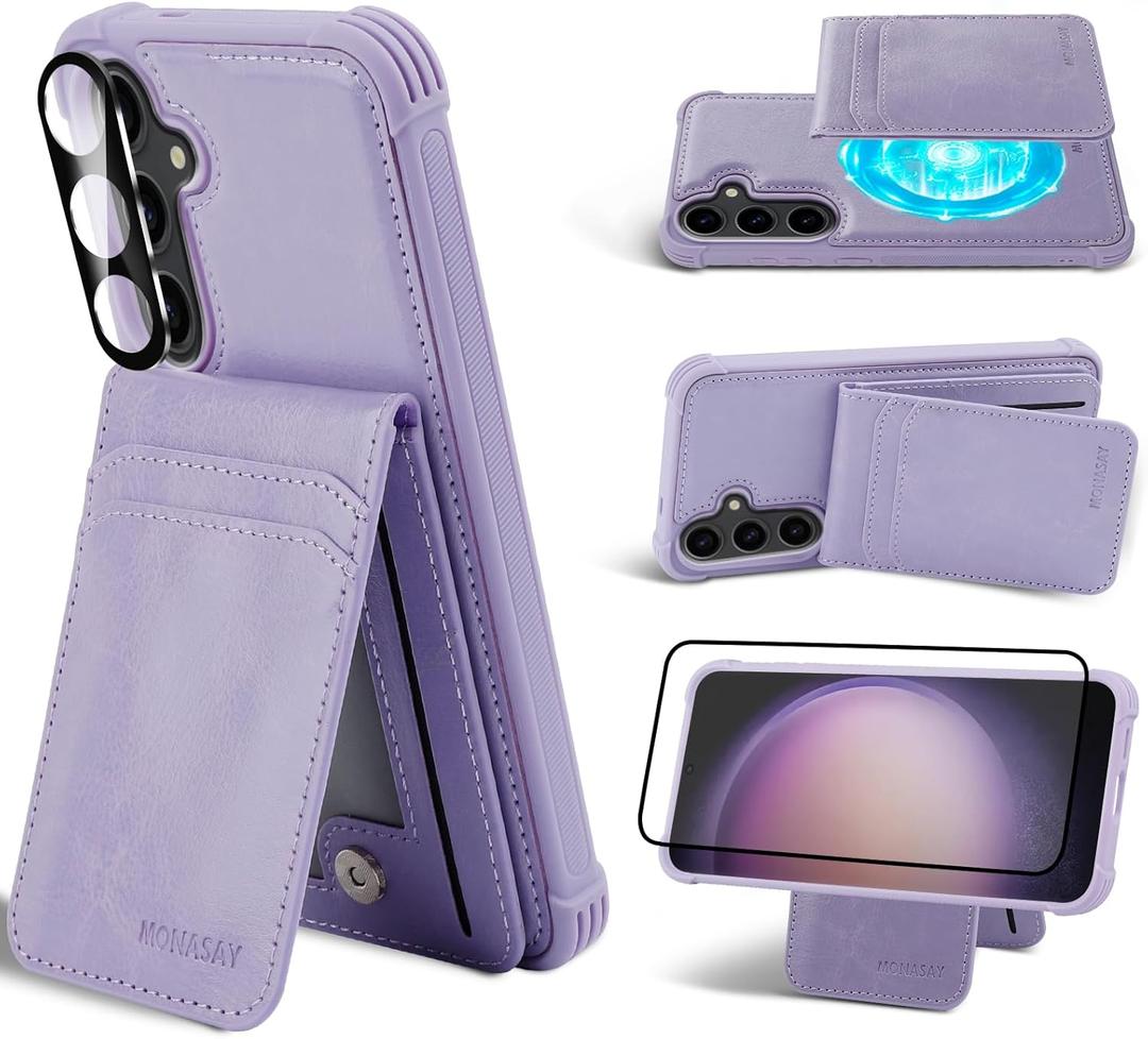 MONASAY Magwallet Case Fit for Samsung Galaxy S24 Plus [Wireless Charging] [Lens & Glass Screen Protector Included] Flip Folio Magnetic Leather Phone Cover with Detachable Card Holder, Lavender