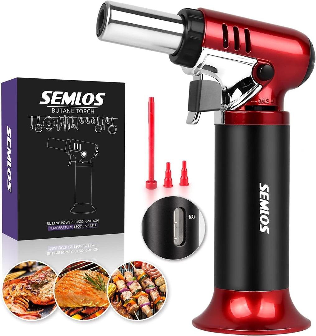 Semlos Butane Torch with Fuel Gauge, Refillable Kitchen Torch Lighter with Safety Lock and Adjustable Flame for DIY, Creme Brulee and Soldering(Butane Gas Not Included) (S-907 Red)