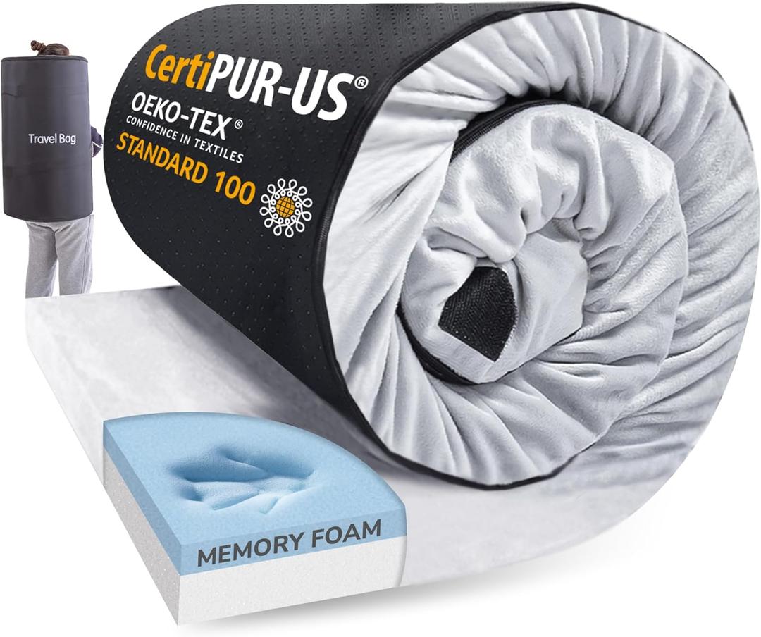 Memory Foam Camping Mattress 2.5 inch, Twin Portable Roll Up Camping Sleep Topper with Waterproof and Non-Slip Bottom, Camping Car Mat with Travel Bag, 75"38"2.5", Grey