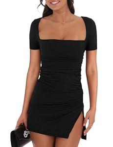 BEAGIMEG Women's Sexy Bodycon Short Sleeve Square Neck Side Slit Ruched Party Club Evening Mini Dress , S