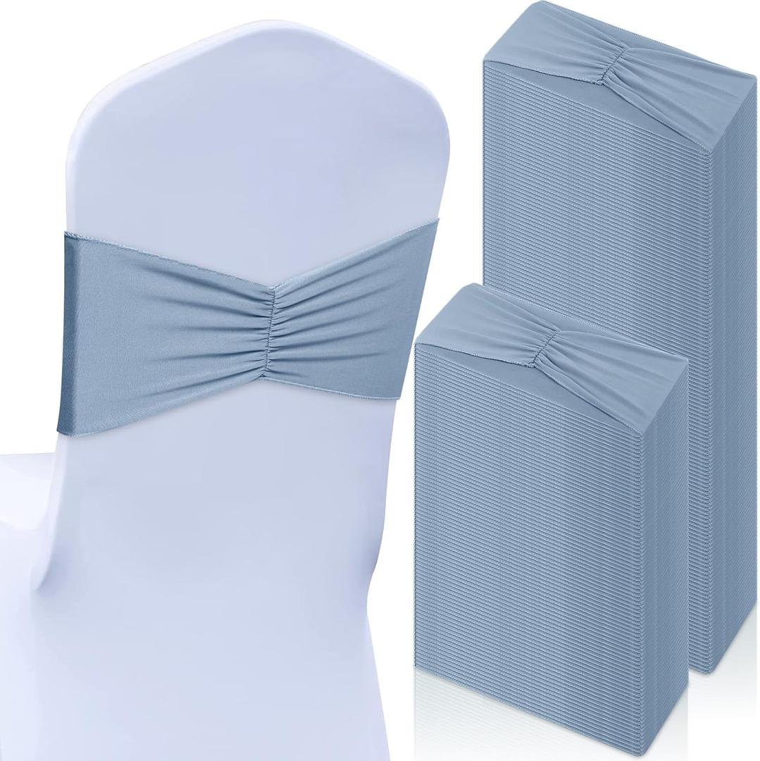 Moukeren 100 Pcs Spandex Chair Sashes Bows Bands Slider Sashes for Chair Covers Elastic Ties Ribbon Decorations for Wedding Party Events Ceremony Birthday Banquet (Dusty Blue)