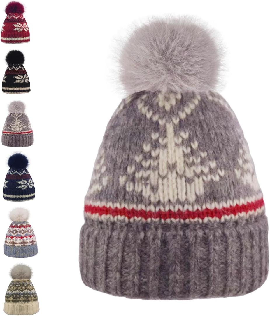 Kids Winter Knit Beanie Hat for Boys Girls Age 3-8 with Faux Fur Pom Warm Fleece Lined