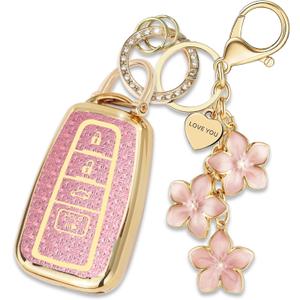 Pink TPU Key Fob Cover with Sakura Flower Keychain Compatible with Toyota Highlander RAV4 Camry Avalon C-HR GT86 Prius Prius Prime Prado 4Runner 4-Button Smart Key for Women
