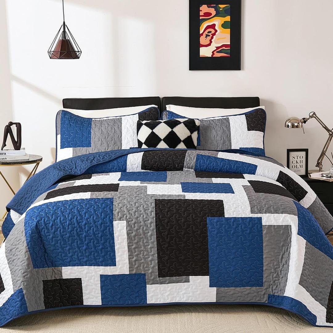 Dobuyly Grey White Blue Quilt Set Queen Size, Black White Geometric Queen Quilt with 2 Pillowshams, 3PCs Lightweight Microfiber Bedding Set, Reversible Bedspread Coverlet Set for All Season 96"x90" | Breathable