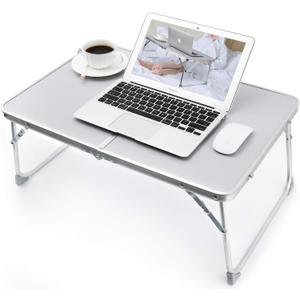 RAINBEAN Foldable Laptop Table for Bed Lightweight Breakfast Bed Tray Portable Mini Picnic Storage Space Standing Holder, Folding Leg Desk Notebook Lap Table for Kids Reading -Silver