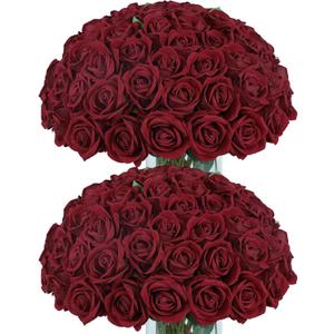 Coferset 50pcs Burgundy Artificial Roses Flowers in Bulk,Velvet Fake Rose with Long Stem Realistic Artificial Roses for Wedding Bouquets, DIY Centerpieces, Romantic Home & Party Decorations