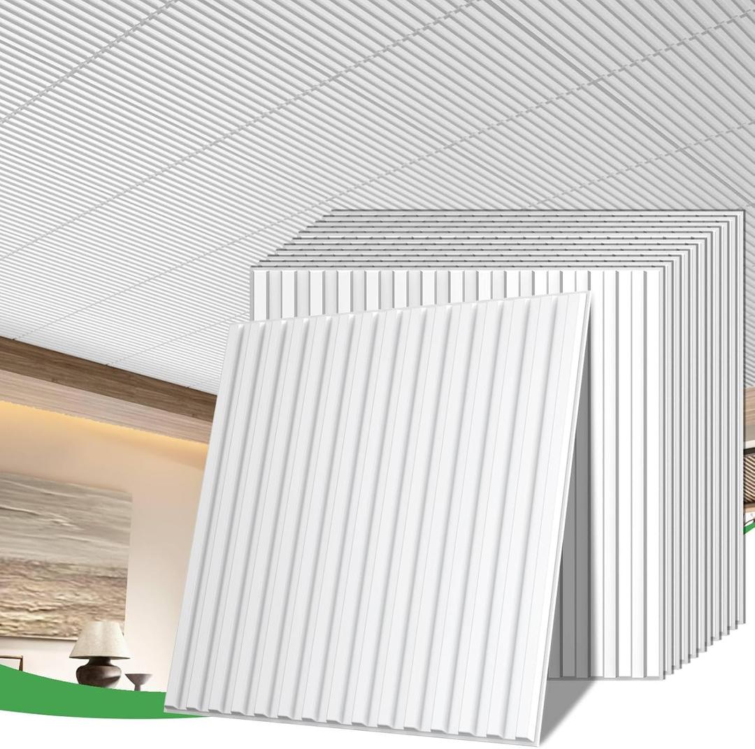 24 PCS 24x24 Inch Slat White Ceiling Tiles, 2x2 Ft Fluted Drop Ceiling Panels for Interior Decor PVC Waterproof Ideal for Bathroom Living Room Bedroom Office Commercial Spaces Cover 96 Sq.Ft