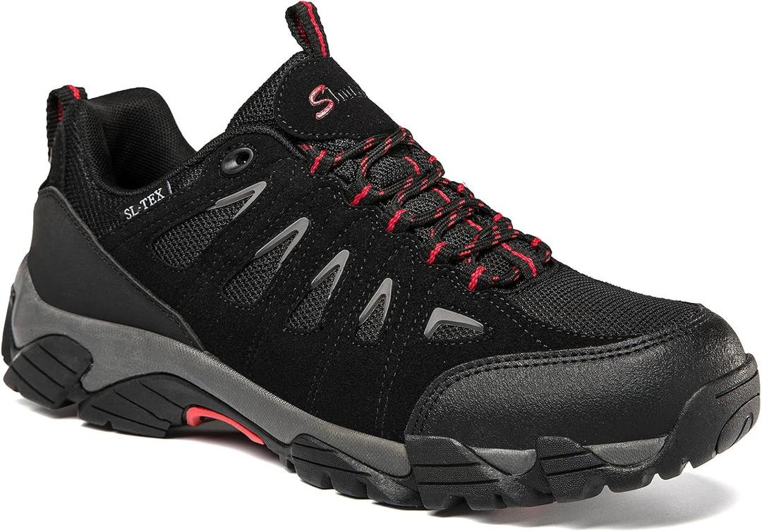 SHULOOK Men's Waterproof Hiking Shoes Lightweight Anti Slip Outdoor Ankle Boots Breathable Hike Trekking Trails Shoe (10, Black/Red)
