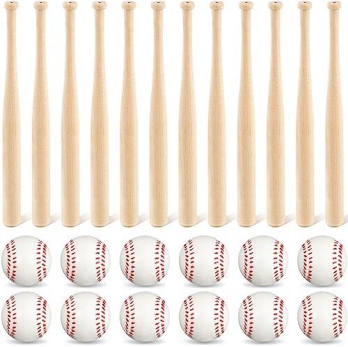 Libima 36 Pcs Mini Baseball Bats Mini Foam Sports Balls 8" Unfinished Wood Ball Bats 2" Foam Baseballs Small Party Favors for Sports DIY Craft (Wood Color,White)