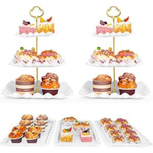 5 Pcs Dessert Table Display Set - 2 Pcs 3-Tier Dessert Display Stands & 3 Pcs Serving Tray - Dessert Trays Dessert Stands Treat Table Displays Set for Tea Parties,Birthdays & Baby Showers, White