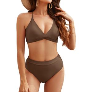 Women High Waisted Bikini Sets Criss Cross Back V Neck Bathing Suits High Cut Two Piece Swimsuits (Brown, XL)