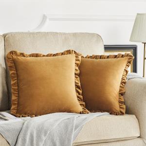 GIGIZAZA Pack of 2 Dark Gold Throw Pillow Covers 18x18 Decorative Ruffle Velvet Cushion Cover for Couch Pillowcase