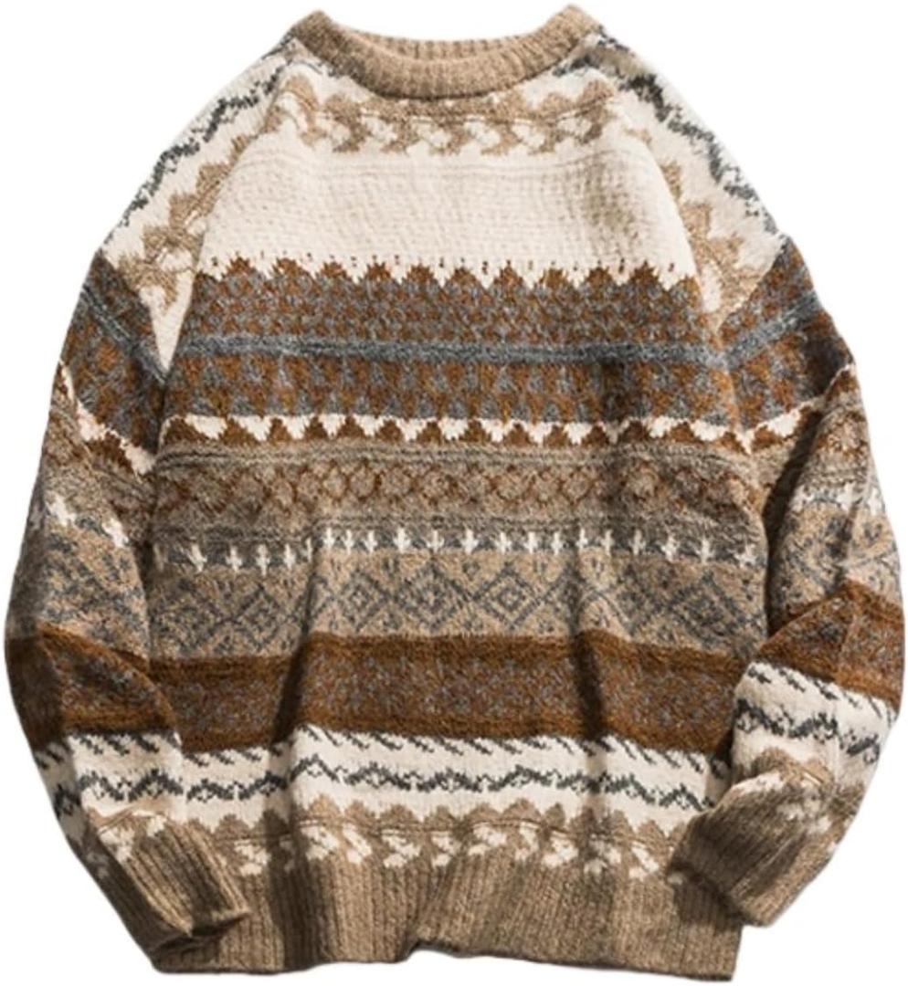 Mens Grandpa Sweater Vintage Aesthetic Knit Striped Casual Long Sleeve Pullovers Y2k Grunge Streetwear (Large, Khaki)