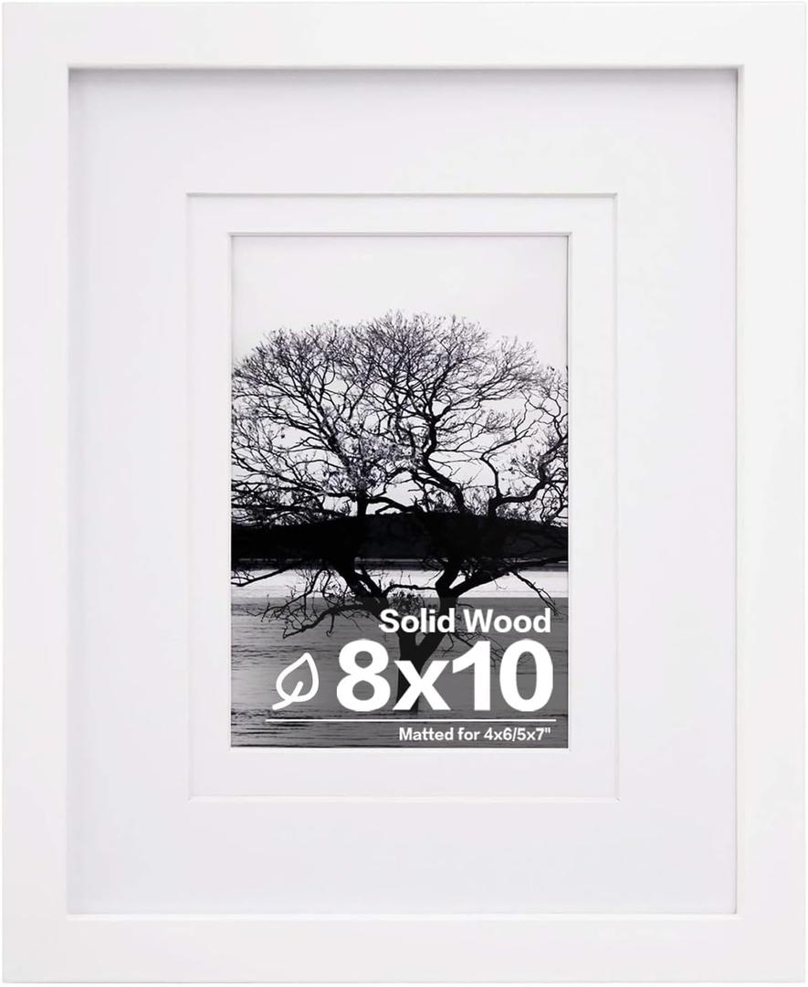 Egofine 8x10 Picture Frame Made of Solid Wood Covered by Plexiglass, Display Pictures 4x6/5x7 with Mat or 8x10 Without Mat for Table Top Display and Wall Mounting Photo Frame, White