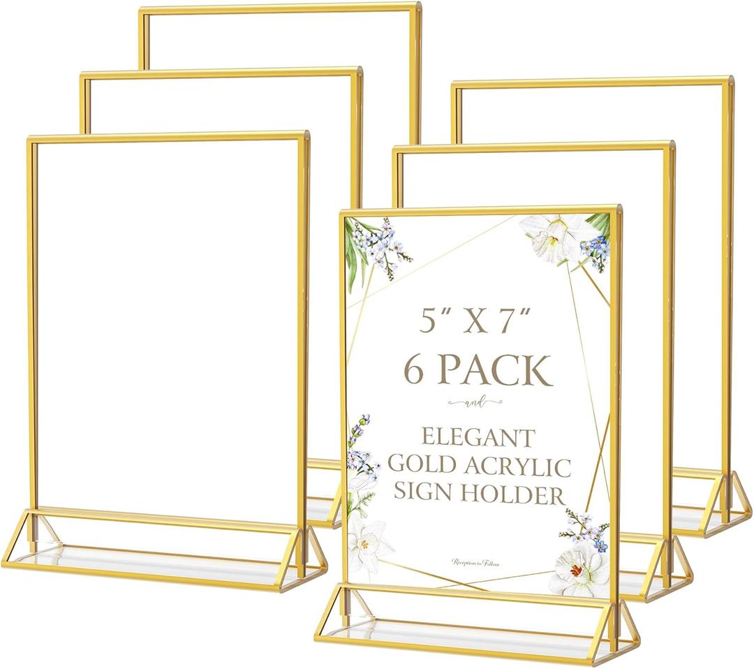 MaxGear 5x7 Gold Acrylic Sign Holder 6 Pack, Gold Table Number Holders, Mini Frames Double Sided Acrylic Picture Frames Photo Stand, Clear Menu Flyer Stand for Wedding, Home, Restaurant
