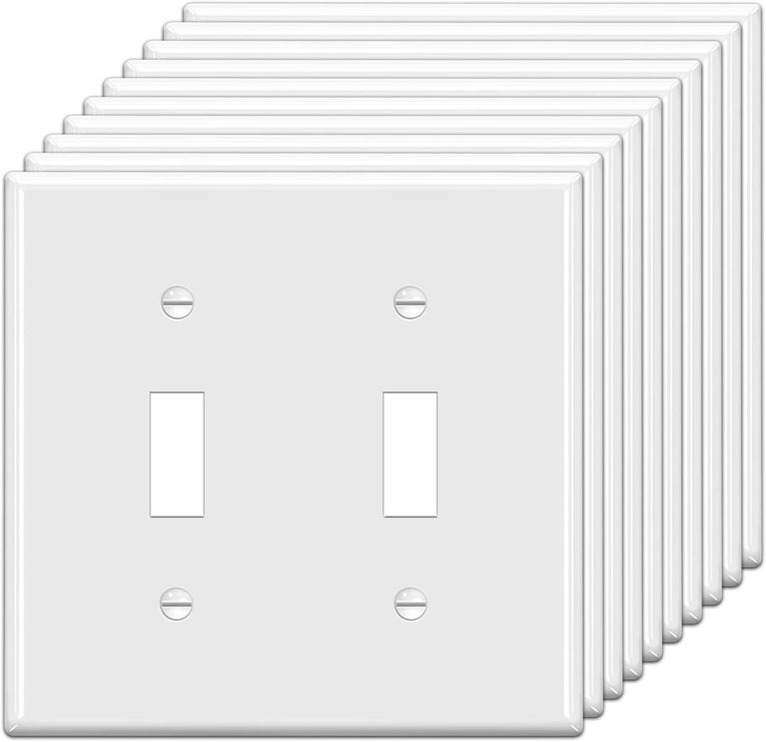 BESTTEN 10 Pack 2-Gang Toggle Switch Cover Plate, Double Light Switch Wall Plate, Unbreakable Polycarbonate Toggle Faceplate Cover, Standard Size, UL Listed, White