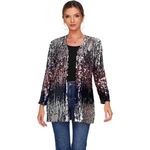 Women's Sequin Jacket Long Sleeve Open Front Blazer Glitter Sparkly Coat Party Casual Cardigan (Silver+dark Blue+pink)