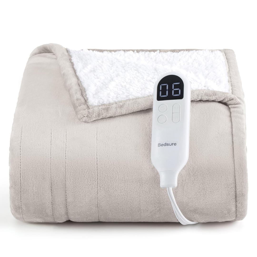 Bedsure Heated Blanket Throw Blanket  Fast Heating Electric Blanket, Soft Flannel Heated Throw with 4 Time Settings, 6 Heating Settings, Warm Gifts for Grandma (50x60 inches, Cream)