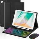 EAMPANG Case with Keyboard and Mouse for iPad 6th/5th Generation Air 1 2 Pro 9.7inch,7 Color Rainbow Backlight Detachable USB-C Keyboard Magnetic Case with Pen Slot for iPad 2018 2017 Black+Mouse