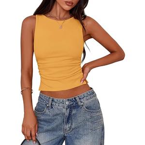 PRETTYGARDEN Women Going Out Tops Summer Clothes 2025 Trendy Split Hem Ruched Sleeveless Shirt Cute Y2K Tank Top(Yellow,Large)