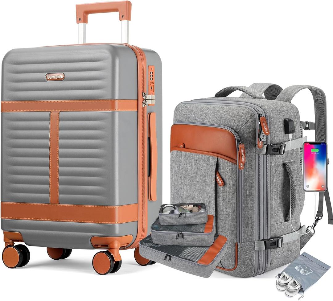 Lumesner 5 Piece Luggage Sets with Travel Backpack, 20" Carry On Hardside Spinner Suitcases, TSA Lock, Durable PC (Grey, 4 piece Set)