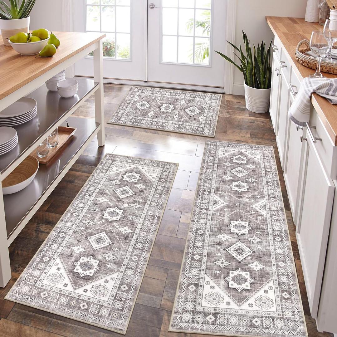 HEBE Boho Kitchen Rug Sets 3 Piece with Runner Non Slip Kitchen Rugs and Mats Washable Kitchen Mats for Floor Thick Kitchen Floor Mat Carpet Runner Rugs for Hallway Laundry Holiday Decor (20"x32"+20"x48"+20"x59", Taupe Brown)