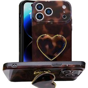 Compatible with Cute iPhone 17 Pro Max Case 6.9'', Tortoise Shell Phone Case with Dark Brown Amber Print Leopard Heart Holder Stand Kickstand Shockproof TPU Protective Cover for Women Girls