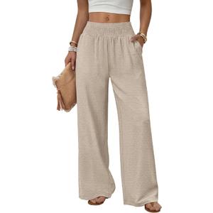 Sampeel Wide Leg Pants Woman High Waist Trousers with Pockets Casual Lounge (L)