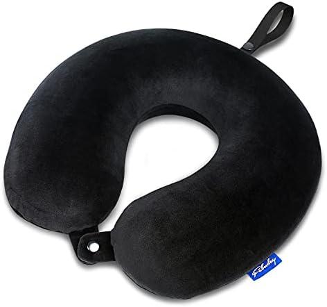 Fabuday Memory Foam Travel Pillows for Airplanes - Neck Pillow for Traveling with Attachable Snap Strap Soft Washable Cover, Flight Pillow for Sleeping, Car, Home, Office, Black