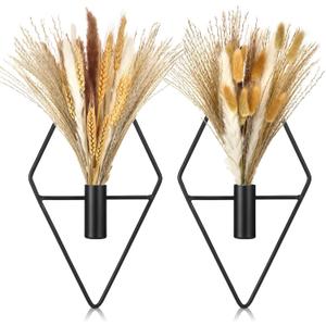 Peryiter 2 Pcs Small Boho Wall Decor Hanging Planters with Artificial Pampas Metal Wall Art Modern Home Decor Display Art for Bedroom Bathroom Living Room(Black)