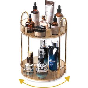 360 Rotating Gold Makeup Organizer,2 Tier Large Capacity Rotating Makeup Organizer,SkincarePerfume Organizer,Bathroom Cosmetics Storage Organizer Countertop (Gold-2 Tier)