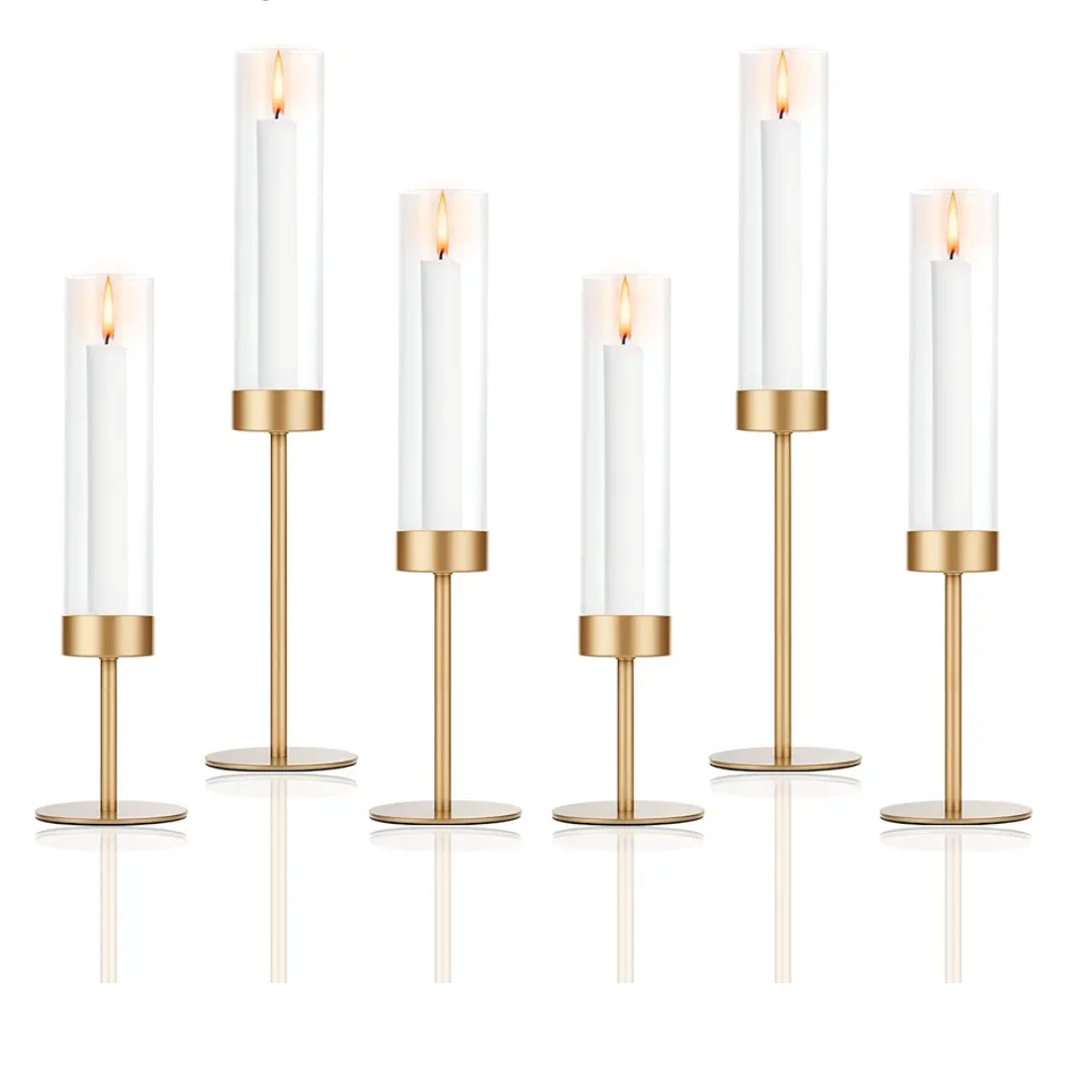 Set of 6 Gold Candle Holders, Tall Hurricane Candlestick Holders with Glass for Taper and Pillar Candles, Home Decor for Wedding, Christmas, Party, Anniversary, Dining Table