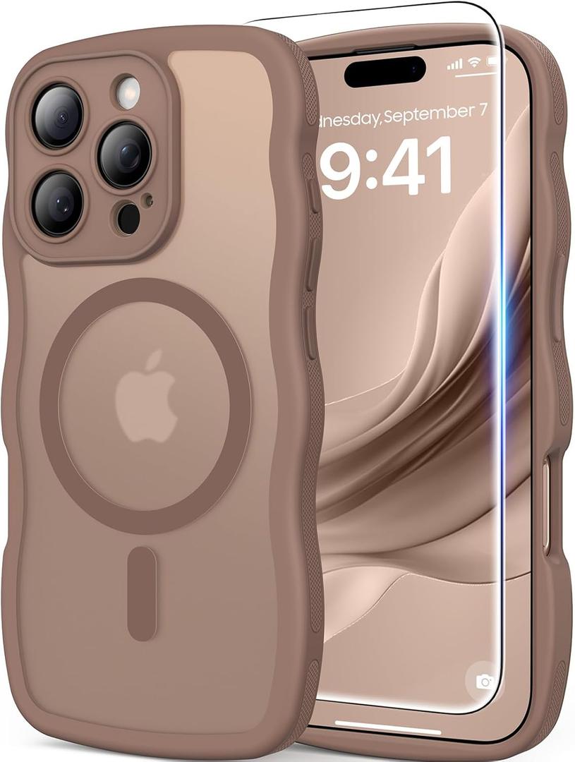 3 in 1 Magnetic for iPhone 16 Pro Max Case, 1X Screen Protector+1X Wrist Strap, Cute Wavy [Full Camera Protection][Fit for MagSafe], Trendy Matte Women Girls Case for iPhone 16 Pro Max 6.9", Brown