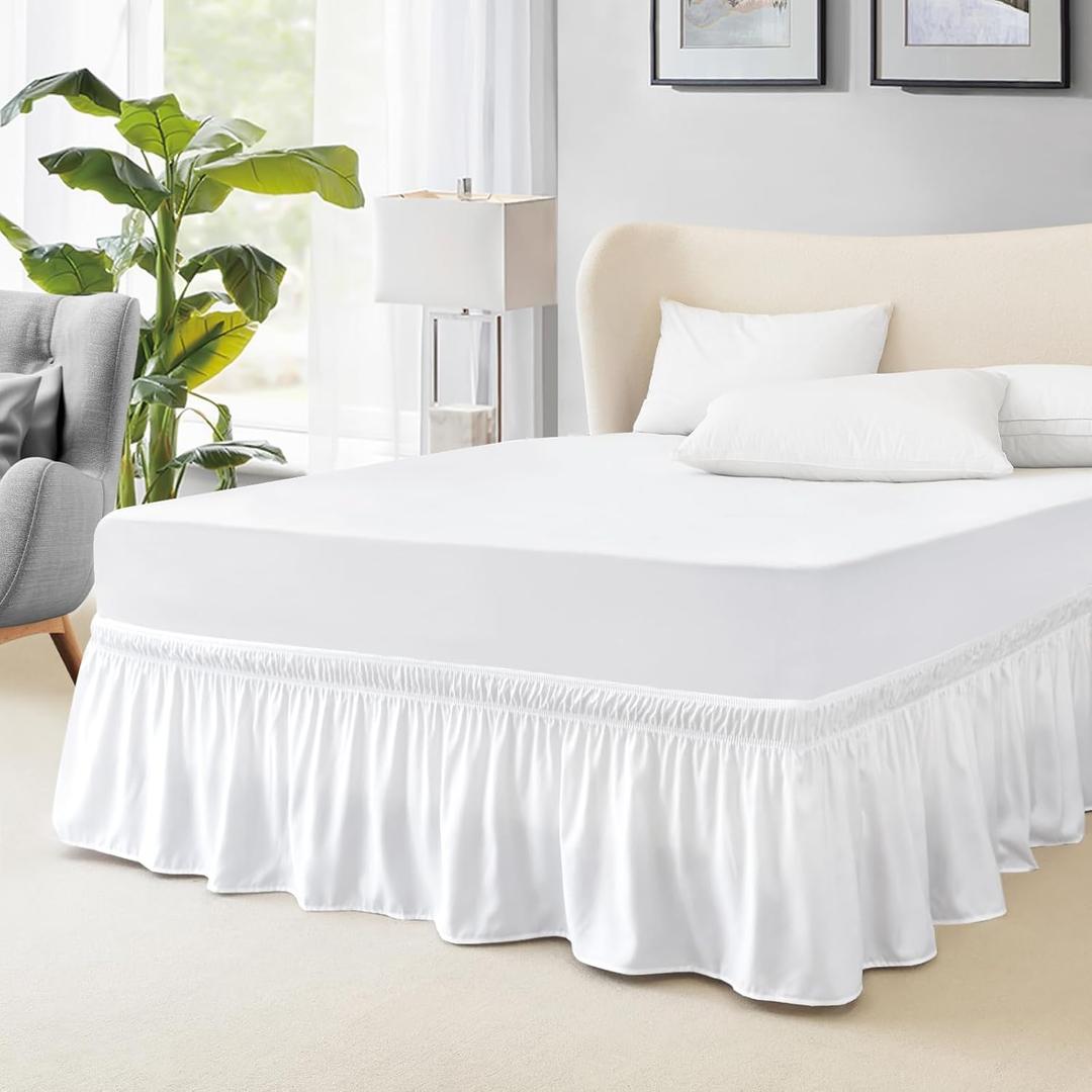 FreshCulture Elastic Wrap Around Bed Skirt - Easy Fit with 22-Inch Tailored Drop, Hotel Quality Dust Ruffle for Full Size Bed (White)