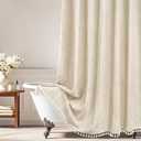Boho Farmhouse Linen Shower Curtain with Tassels, Heavyweight Soft Fabric Shower Curtain Beige Water Repellent, 72 x 72 Inch Cream Elegant Bathroom Decor Shower Curtains Cotton Striped