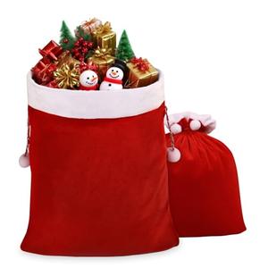 GlyinnHe 1pcs Christmas Velvet Santa Bags with Drawstring, Red Santa Gift Bags Large Christmas Gift Sack for Xmas Present Party Supply Costume Holiday Wrapping, Large