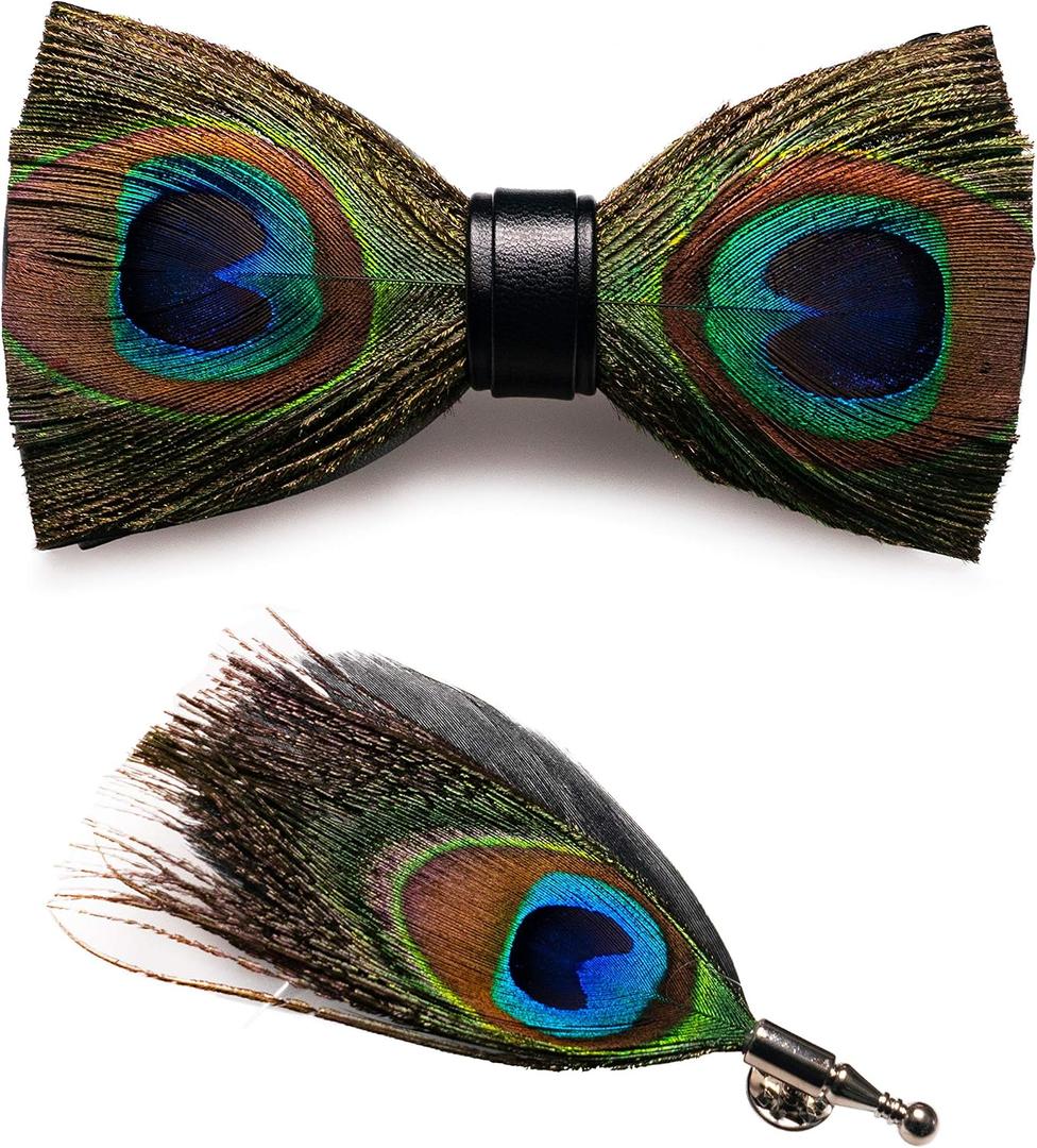 RBOCOTT Handmade Feather Pre-tied Bow tie and Brooch Sets for Men