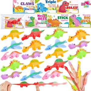 JOYIN 28 Pcs Valentine's Day Slingshot Dinosaur Toys with Cards, Strentchy Multi-Color Dinosaur Finger Toys for Valentines Day Boys Girls Kids Classroom Prize Treats Goodie Bag Stuffers Party Favors