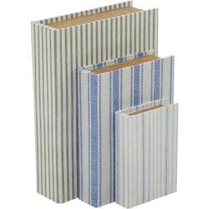 Deco 79 Canvas Decorative Box Faux Storage Book Book Shaped Boxes with Blue Striped Patterns, Set of 3 Decorative Keepsake Boxes 12", 9", 6"H, Cream