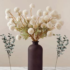 RyddeligHome White Faux Flowers for Vase - Kiku 10 Stems & Eucalyptus, Fake Flowers Stems, Realistic Artificial Flowers, Pom Pom Balls for Aesthetic Room Decor, Floral Arrangements Centerpiece