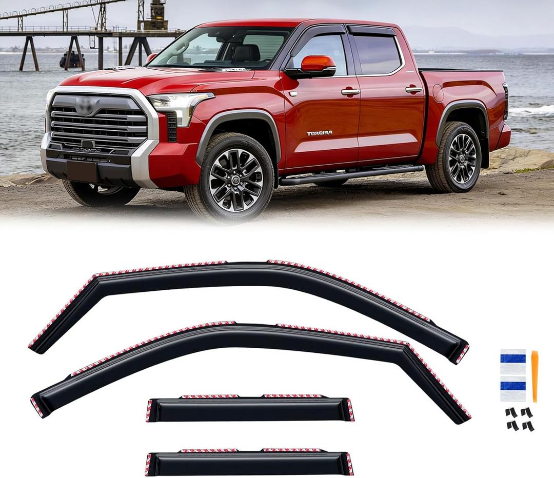 in-Channel Rain Guards for 2022-2026 Toyota Tundra Double Cab, Window Visor Shields Vent Deflector Shade Wind Dark Smoke 2023 2024 22 23 24 25, Tape-On Outside-Mount, 4PCS