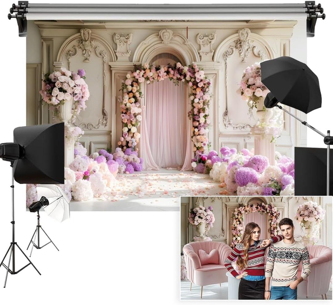 12x8ft Wedding Backdrops for Reception Spring Purple Flowers Pink Rose Banner Vintage European Carving Wall Background for Bridal Shower Birthday Valentines Mothers Day Princess Portraits