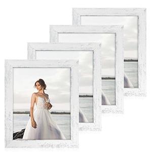 iRahmen 8x10 Picture Frame Set of 4, High Definition Glass Distressed White Frame, 8 x 10 Photo Frames for Tabletop Display and Wall Mounting