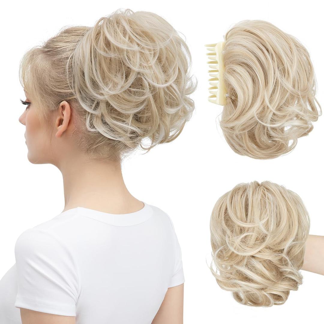 Claw Clip Short Ponytail Messy Bun Hair Piece Bendable Hair Branch Extensions Fluffy Wavy Curly Synthetic Versatile Cream Blonde Hairpieces (8 x 8 x 5 inches)