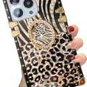 for iPhone 16 Pro Max Case Bling Luxury Trunk Box Design Gold Glitter Sparkles Cute Leopard Pattern Soft Cover with Ring Kickstand Holder for Women Girls Phone Skin